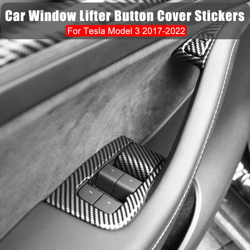 Car Interior Stickers 14pcs Window Lifter Switch Button Frame Cover For Tesla Model 3 2017-2022 Carbon Fiber