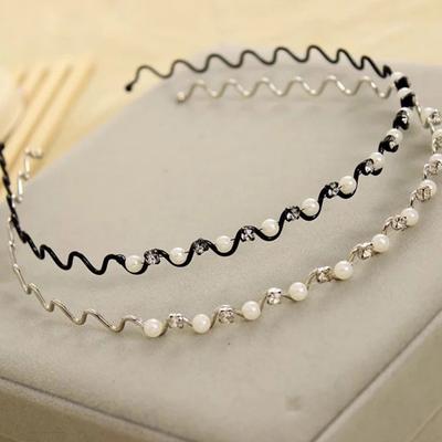 Diadema ondulada para mujer, antideslizante, brillante, con diamantes de imitación y perla, banda estrecha, antioxidante, elástica, para decoración del cabello, para fiestas, bailes de graduación, accesorios para el cabello