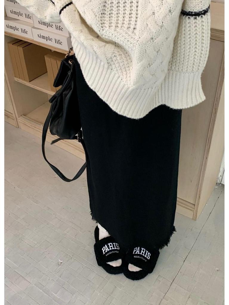 Tassel Knit Over-Knee High Waist Slim Wool Skirt with Matching Sweater