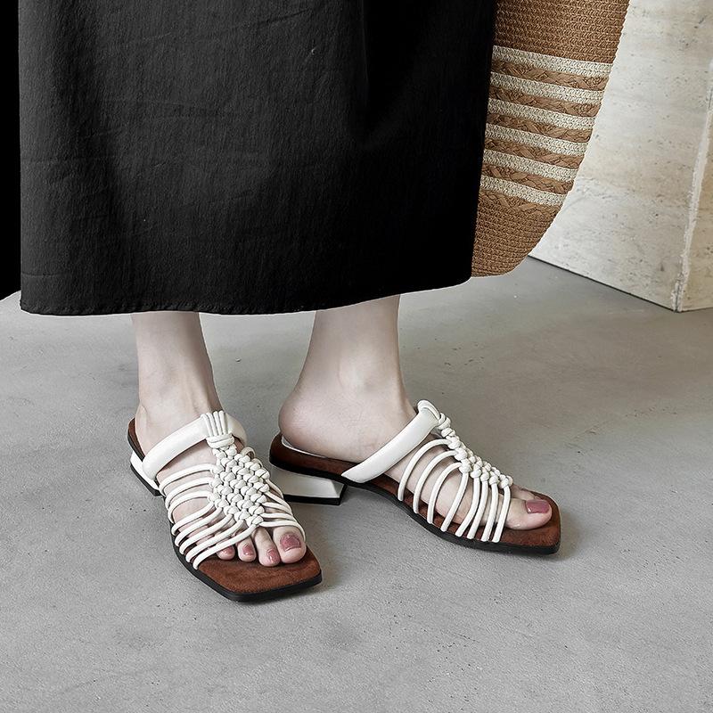 ~ Stepping on shit feels like wearing holiday style with skirt cool slippers women's square head woven hollow low heel comfortable Roman shoes