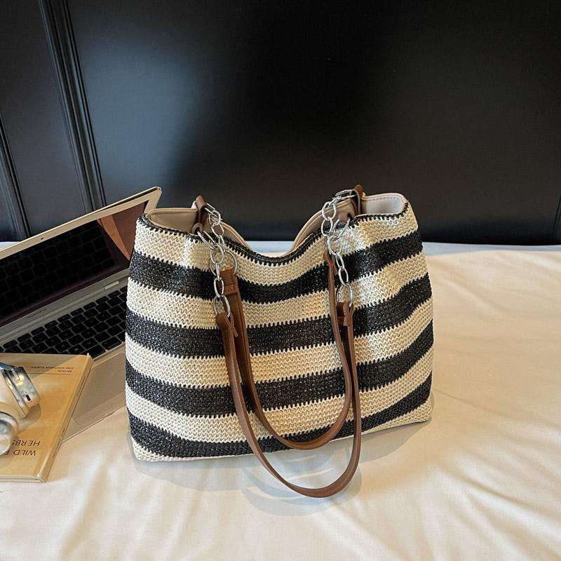 Shoulder Bag Women's Striped Contrast Color Tote Bag Woven Tote Bag Large Capacity Straw Woven Bag