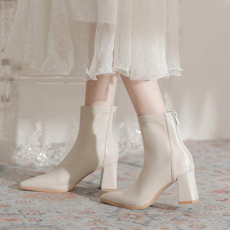 Soft leather pointed thick heel short boots women's 2025 autumn and winter new thin popular fashion versatile zipper Martin boots