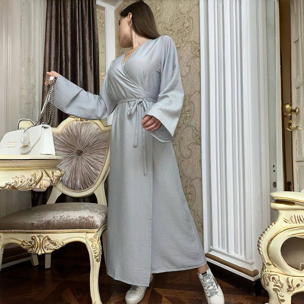 LYRIA Fashionable Pure Color Belted Slimming Long Dress New Women's Clothing One Piece Dress Stylish Wraparound