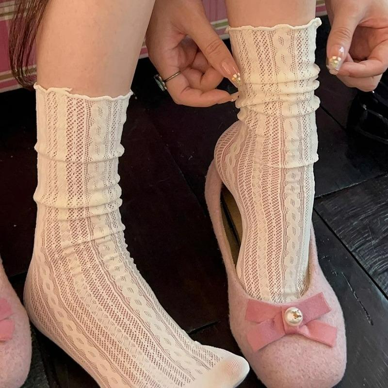 Japanese Kawaii Girls Cute Socks Spring Summer Mesh Hollow Out Women Socks Solid Color Female Harajuku Retro Vintage Long Socks