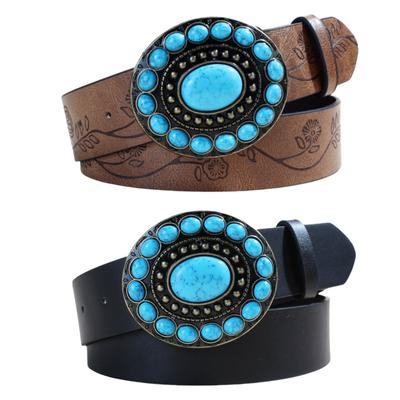 Bohemian Court Style Retro Ethnic Embossed Decorative Belt Rose Pattern Wide Belt Women