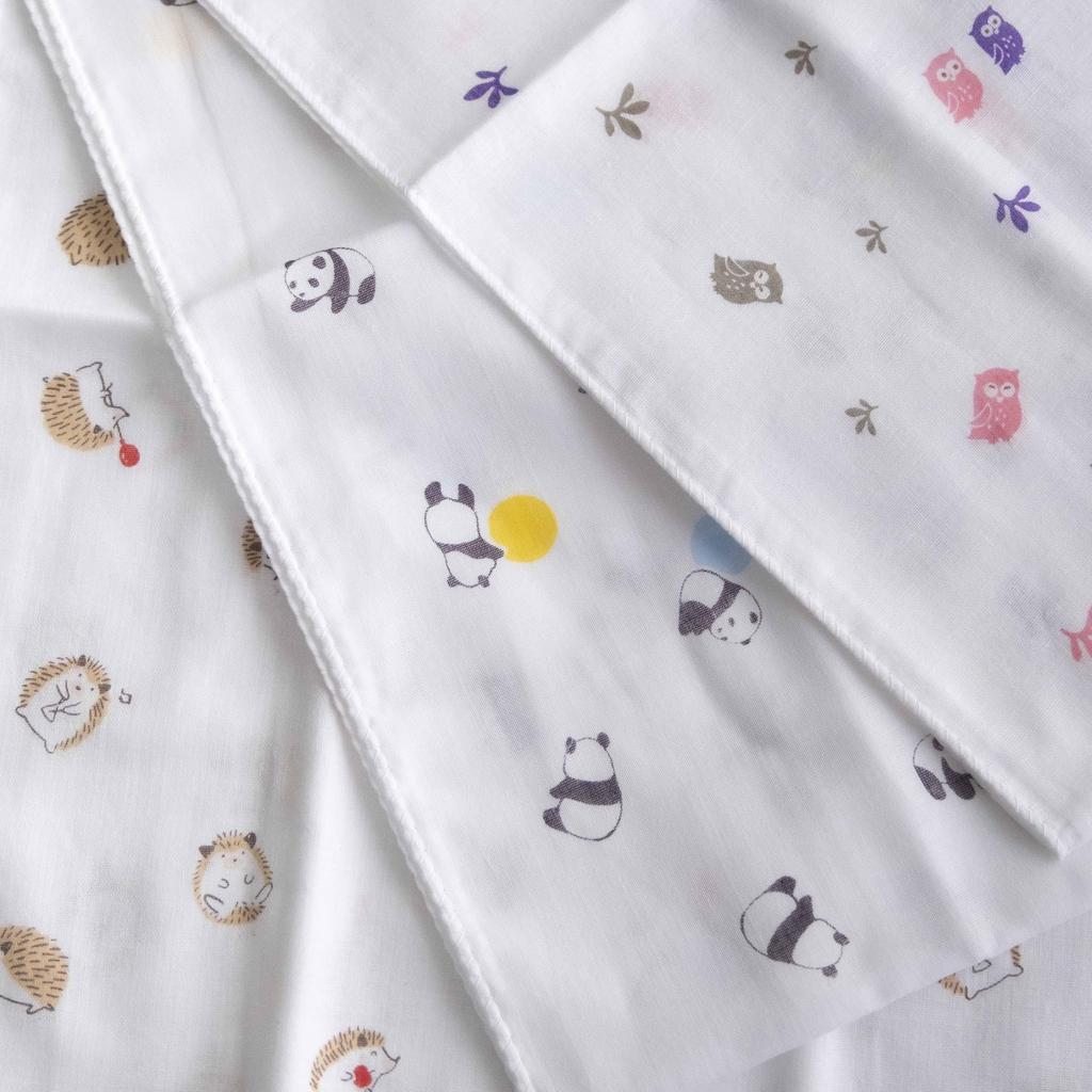 Made in Japan Gauze Tenugui Hand Soft to the 35cm x 90cm (Tenugui Towel), Touch, 100% Cotton, Approx. (E. Owl, Panda, Hedgehog)