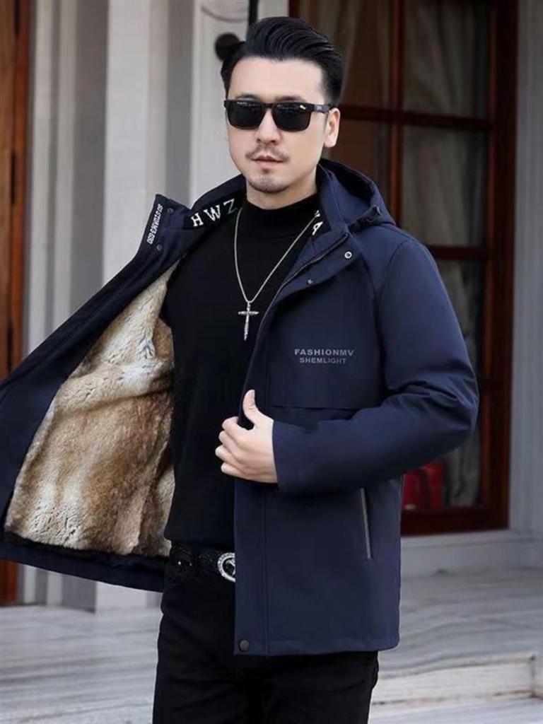 Men's Mid-Length Winter Parka with Mink Fur, Detachable Lining, and Genuine Leather Trim