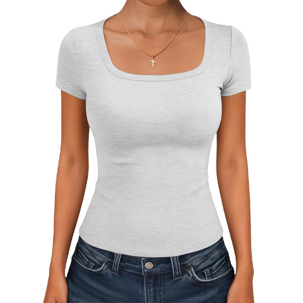 Dámske módne základné štvorcový výstrih krátky rukáv tričko top