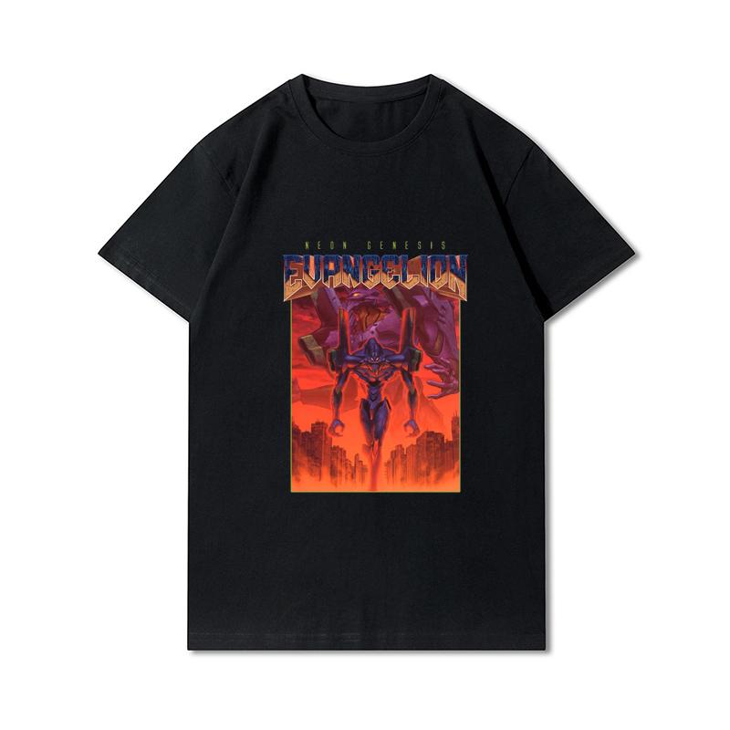Pánská trička s potiskem Evangelion nadměrných velikostí Bavlněné topy Letní Anime Neformální Černá trička