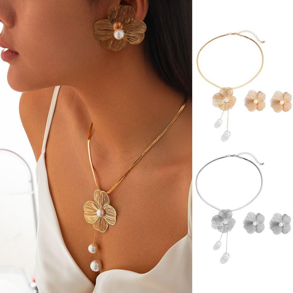 Copper Petal Earrings Necklace Suit Pearl Pendant Women Jewelry Suit Sweet Flower Jewelry Set  Gift