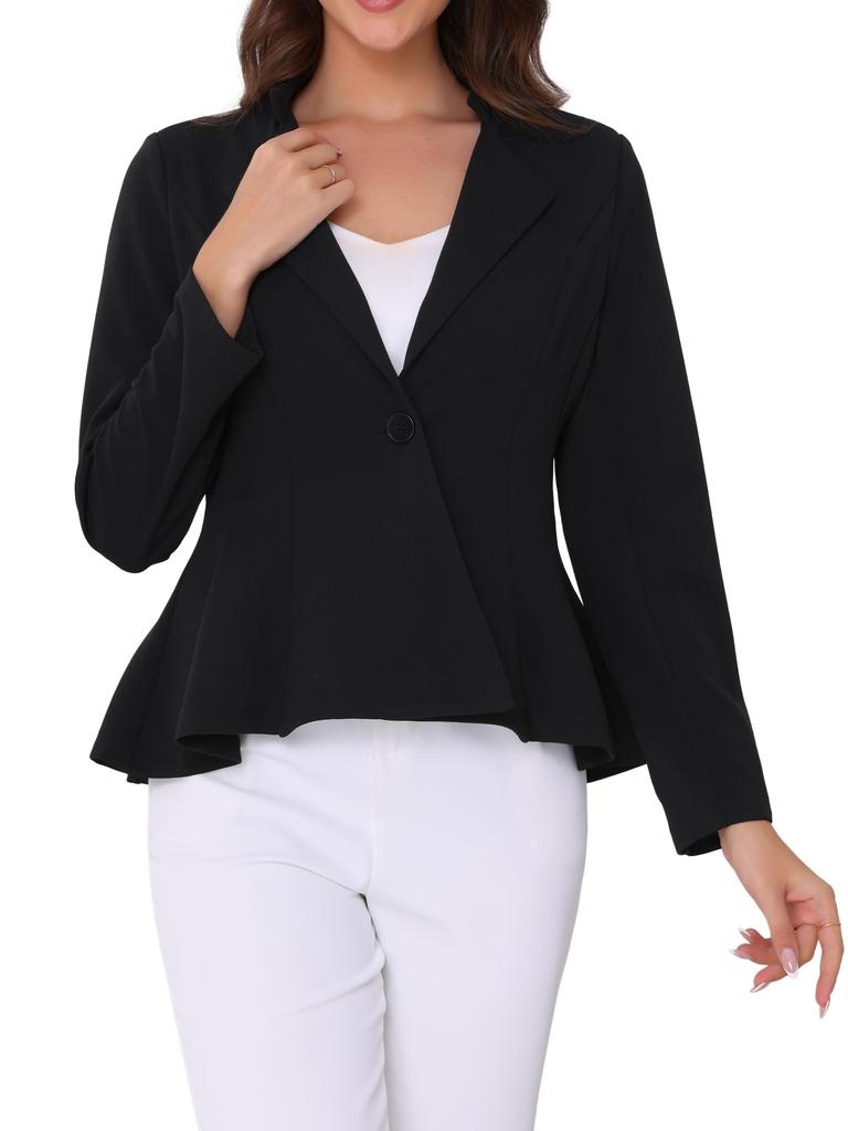 Allegra K Women's Office Blazer, Stand Collar, Long Sleeve, Single Button, Peplum, Black, Size XS