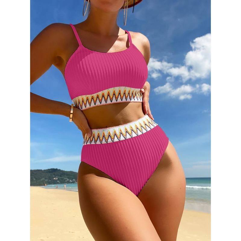 Set Bikini Coste Giallo Senape a Vita Alta Due Pezzi con Bordino Geometrico a Zigzag