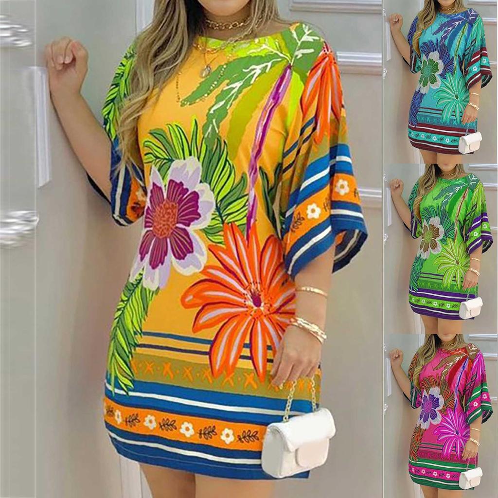 Women Boho Dress Short Sleeve Floral Printed Round Neck Casual Dress