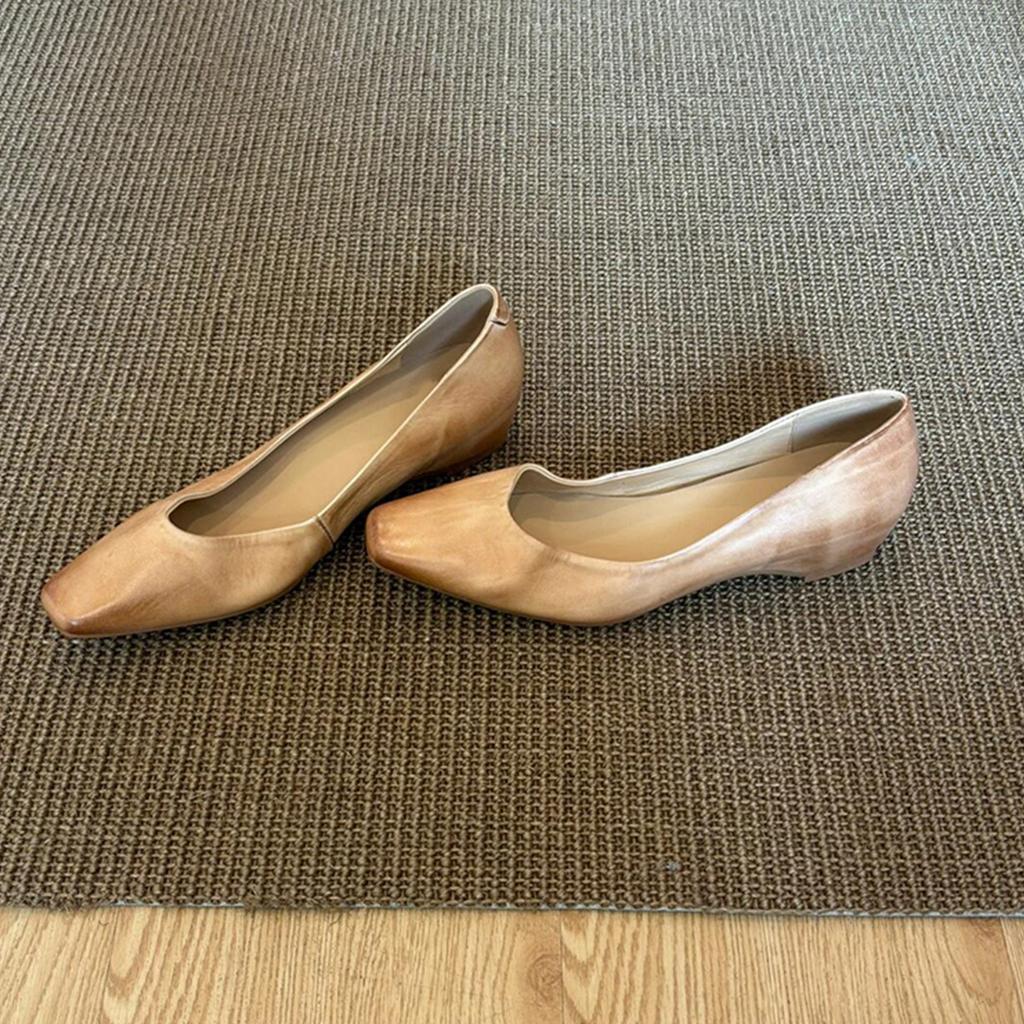 Sheepskin Version~ Retro Literary and Artistic Style Inner Height Increase Leather Shallow Mouth Single Shoes Women's Simple Square Head Versatil