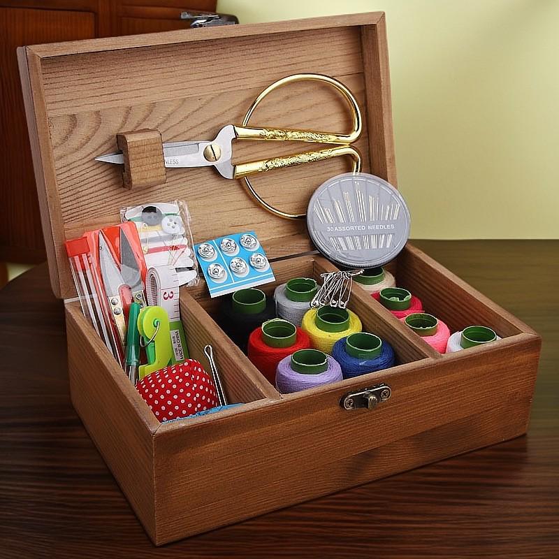 Solid Wood Portable Sewing Kit: Needle & Thread Storage for Home & Dorm