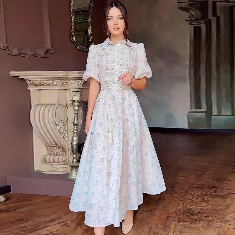 

Летнее цветочное длинное платье 2024 года с рукавами-буфами и отложным воротником для женщин S светло-синий