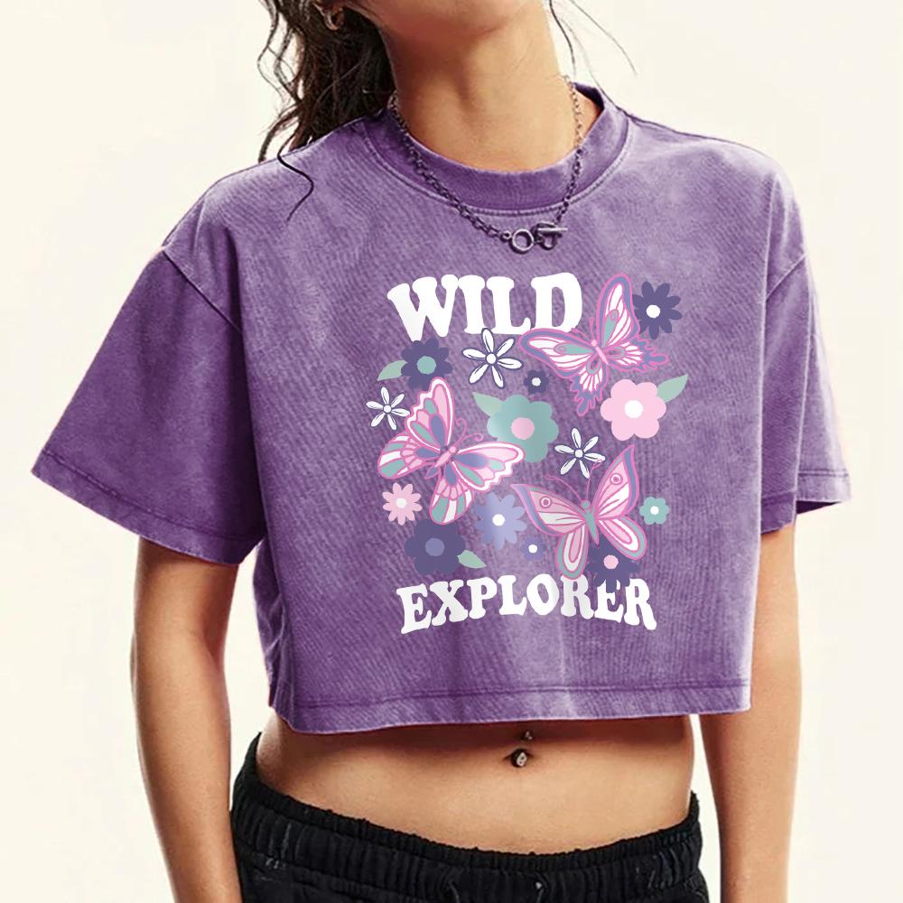 Wild Explorer Flowers Butterfly Prints Women Washed Tee Tops Sport Cotton T-Shirts Short Sleeve Crewneck Crop T Shirt