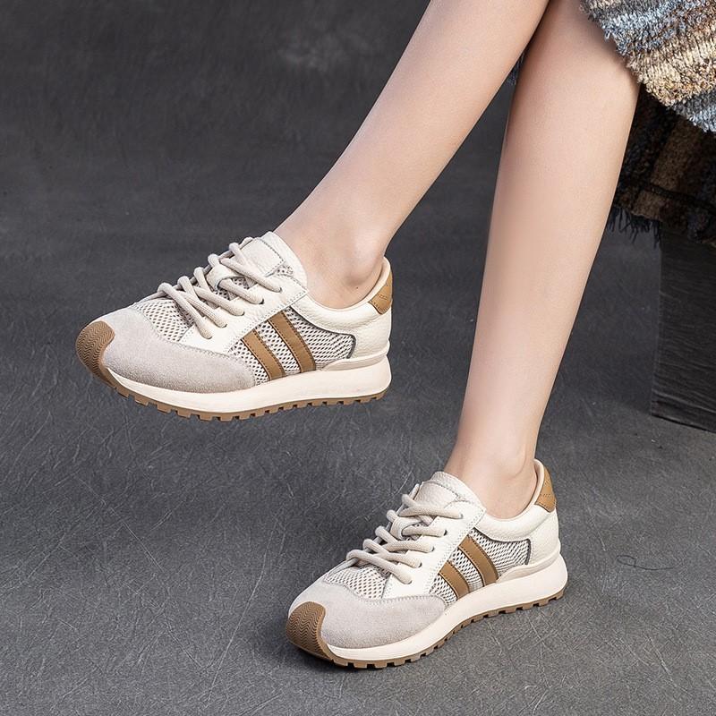Johnature Sports Casual Women's Shoes Breathable Mesh Splicing Genuine Leather Lace Up Comfortable Sneakers