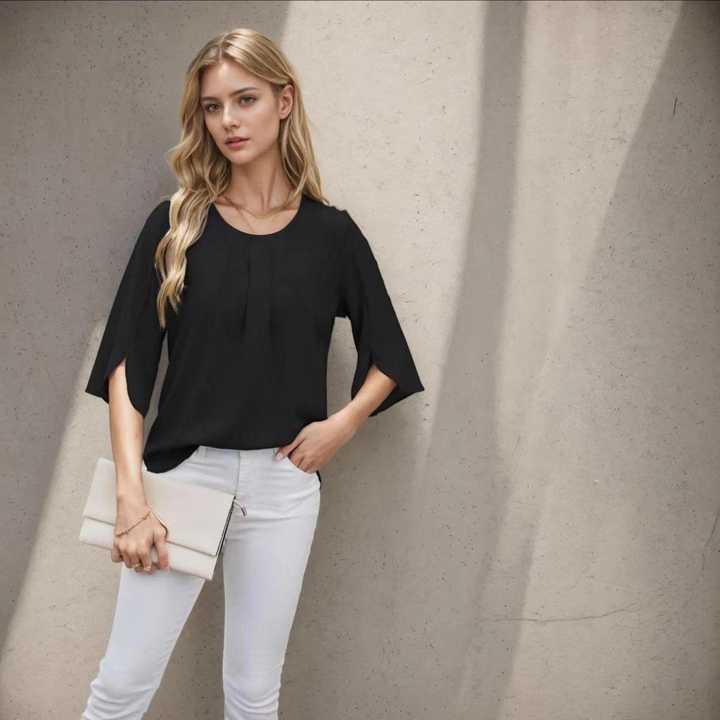 Blouse ample en mousseline de couleur unie à col rond et manches cinq points pour femme, style européen et américain