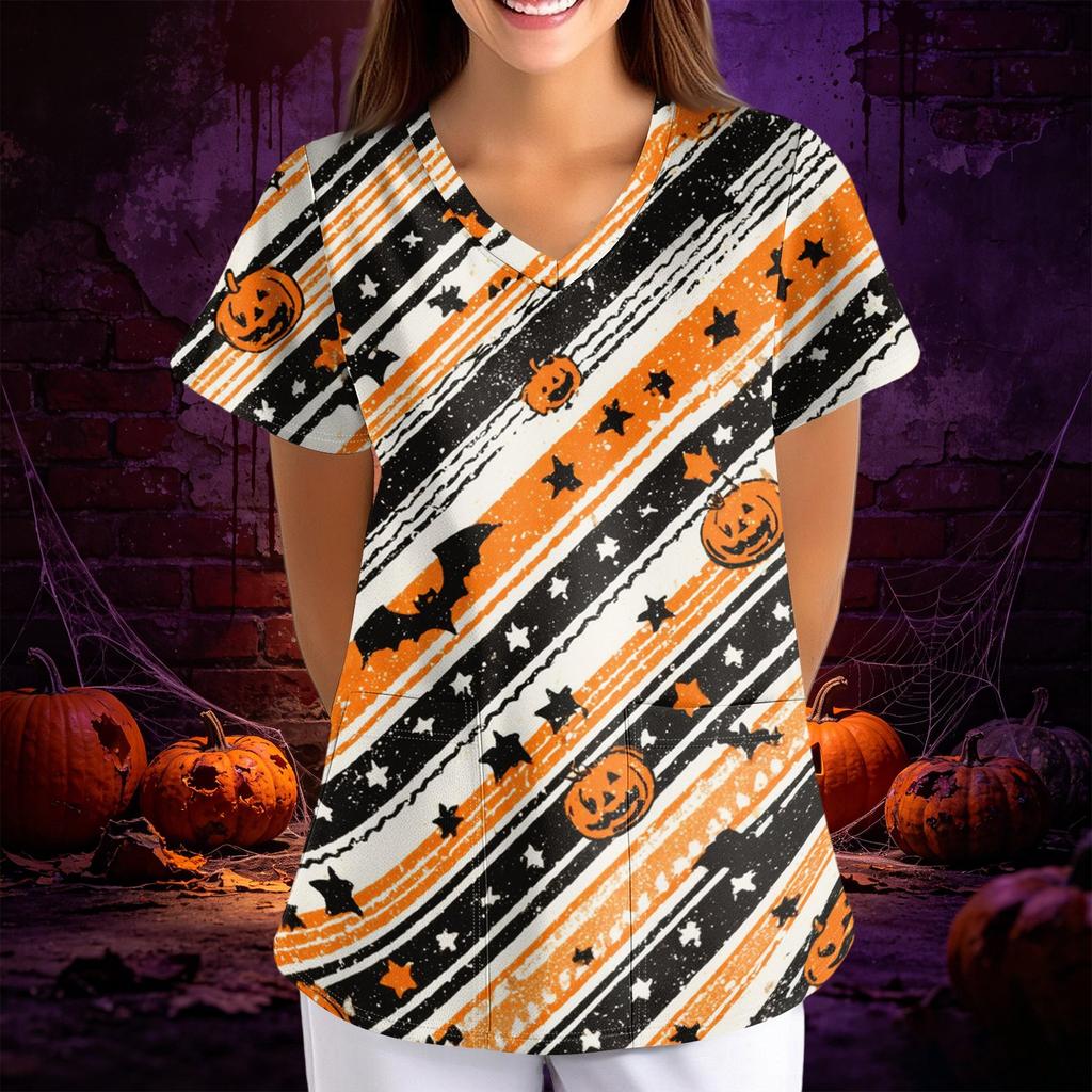Women's Halloween Print Loose V-Neck Short Sleeve Pocket Uniform Top Scrub Costume Cosplay for Adult Women