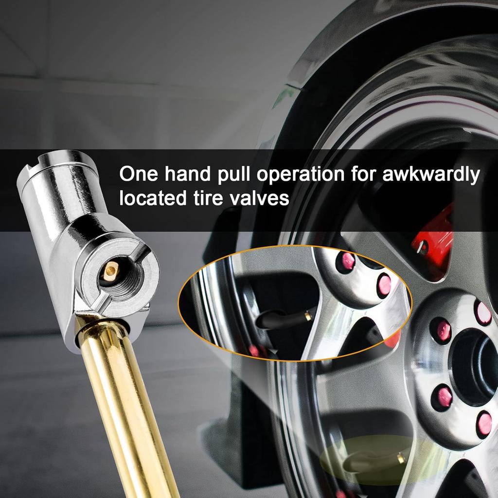 2-Way Connection 13.8" Extended Air Chuck Set, 1/4 in FNPT Straight Foot Dual Head Tire Inflate Chuck with Standard Brass Quick Plug, Tire Air