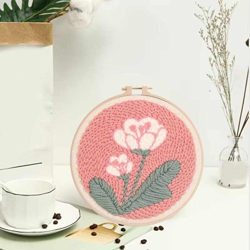 Flower Punch Needle Embroidery Set With Plastic Hoop And Yarn For Gift Making