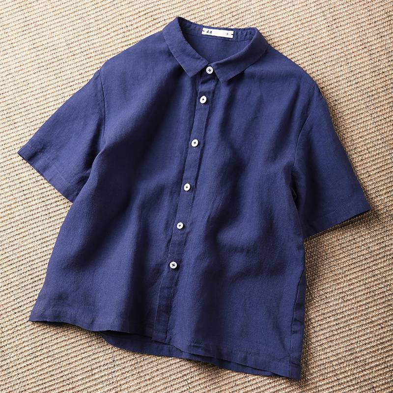 

Летняя льняная тонкая однотонная рубашка в стиле ретро с короткими рукавами, женский костюм с воротником, короткий стиль, маленькие универсальные блузки и рубашки XXXL