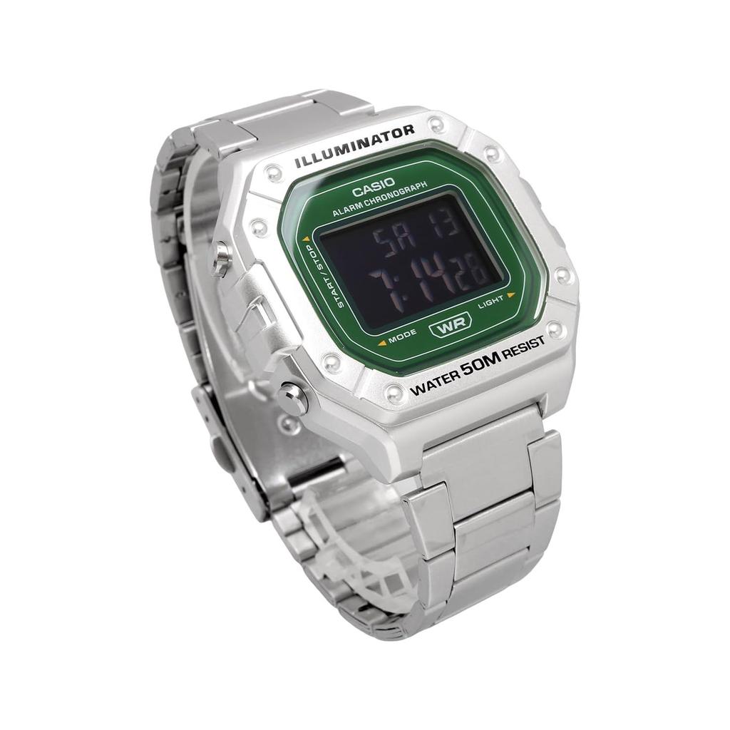 Casio W-218HD-3AV Standard Digital Watch, Men's, Cheap Casio Chippukashi, Metal Band, Silver x Green, Inverted LCD, Overseas Model