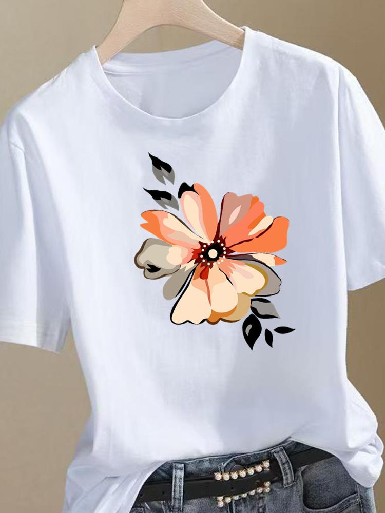 (Asian Size) Sweet Flower Style 90s Clothing Top Short Sleeve Graphic T-shirts Print Female T Shirt Woman Women Fashion Tee
