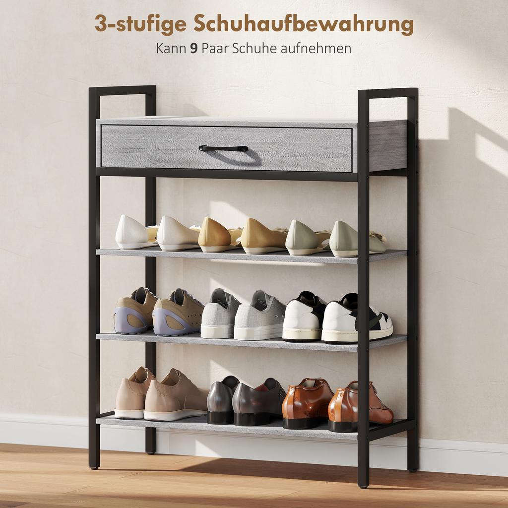 4-Tier Shoe Rack, Hallway Shelf for Up To 9 Pairs of Shoes, Particleboard, Metal, Grey