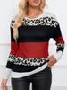 Round Neck Long-sleeved T-shirt Autumn Striped Contrasting Women's Pullover Leopard Knit Top Loose and Fashionable