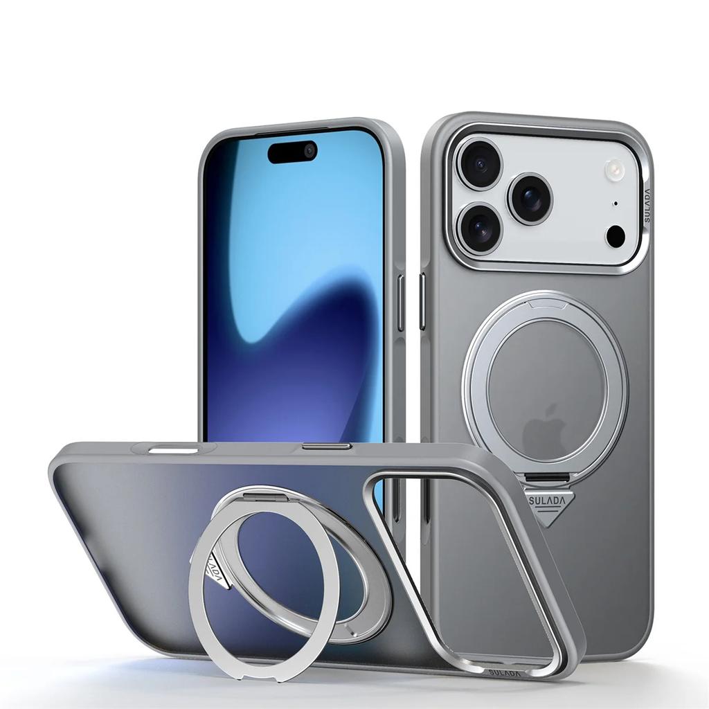Magnetic Rotating Bracket Phone Case for IPhone 17 Pro Max 17 Air 17 Pro Frosted Transparent PC+TPU Ring Stand Back Cover