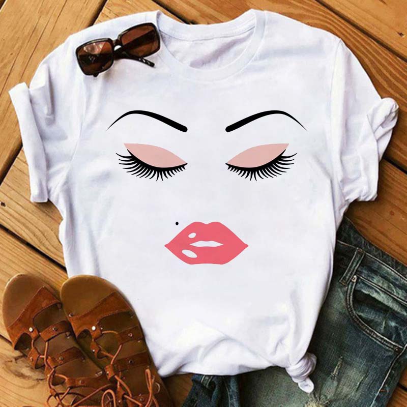 Maycaur Fashion Graphic Women Tops Eyelashes Print Kawaii Lashes Women T Shirt Tee Funny Makeup Aesthetic Shirt Camisas Mujer