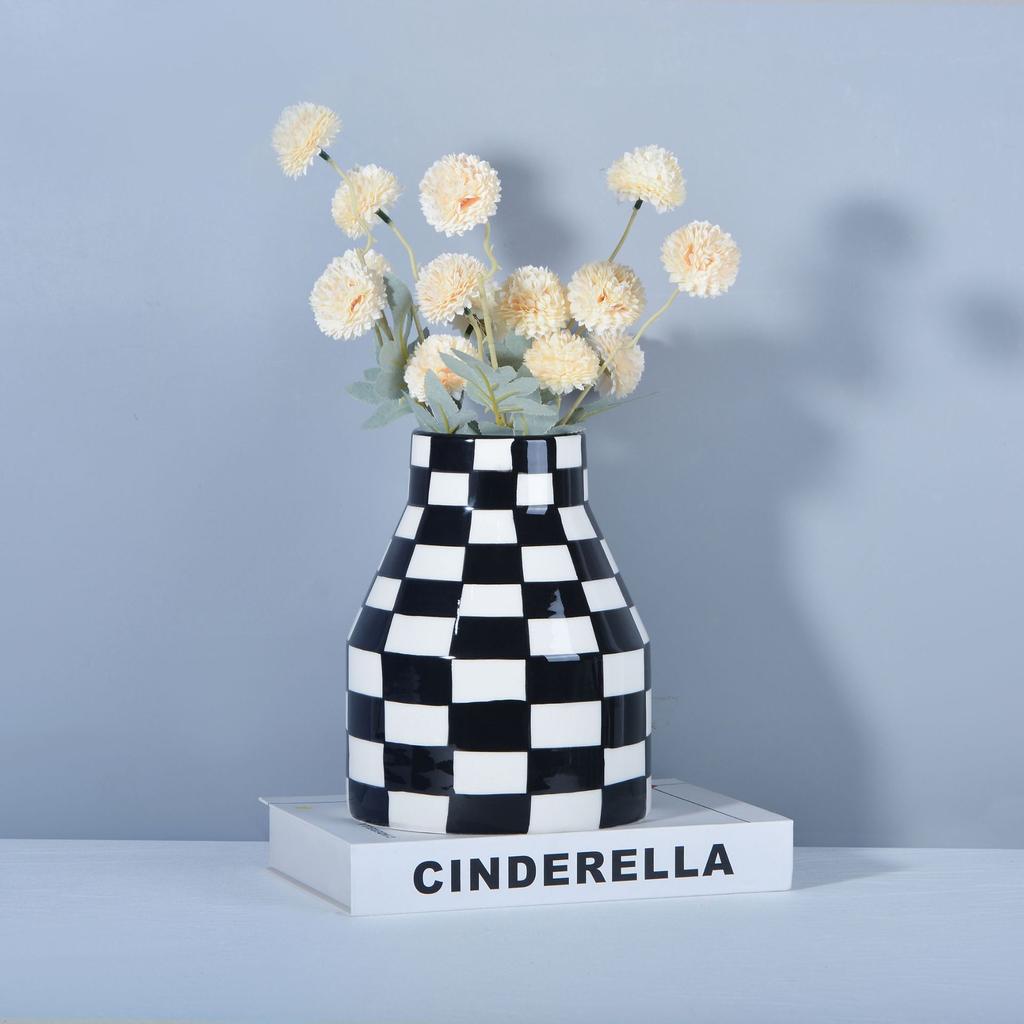 Geometric Black and White Checkered Ceramic Vase Tall Flowerpot Terrarium Flower Vase Home Decoration Accessories