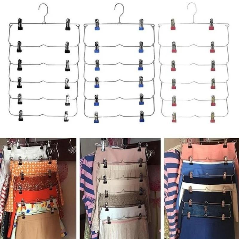 New 6 Layer Clothes Hangers Multilayer Skirt Trouser Hanger For Pants Non Slip Metal Hanger Clips Clothing Storage Rack Holder