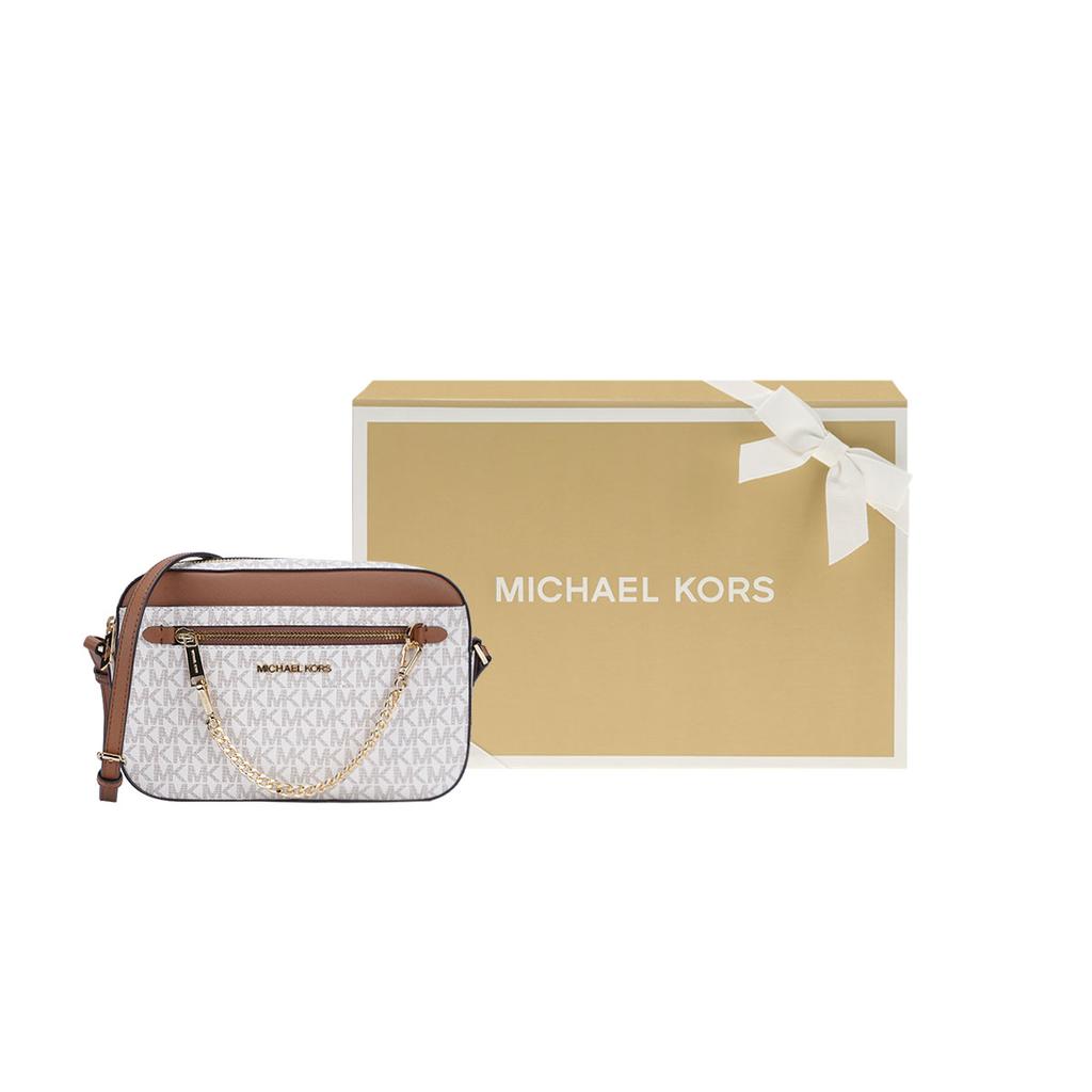 Michael Kors Mk Jet Set Monogram Logolu Zincirli Kamera Çantası Kadın Omuz Çantası Vanilya 35S1GTTC9B-VANILLA