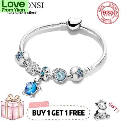 Braccialetto di alta qualità in vero argento sterling 100% 925 con tartarughe e stelle, adatto per gioielli con ciondolo fai da te originali da donna