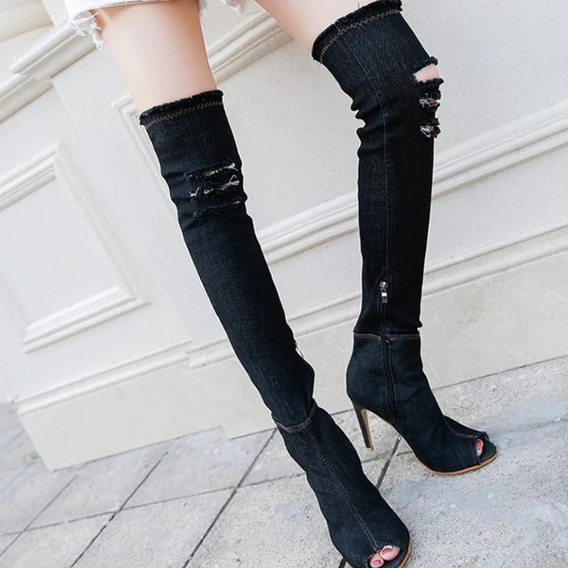 Fashion Shoes for Women 2024 Fashion Side Zipper Women's Boots Autumn Denim Solid Sexy High Tube Stilettos or Thin Heels Long Boots