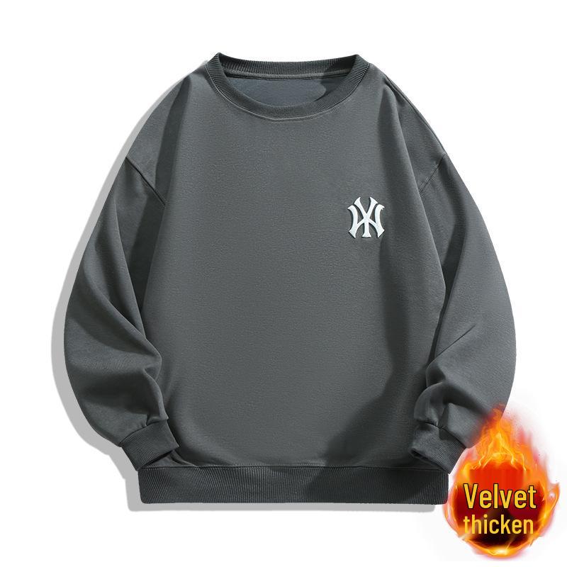 2024 Men's Heavyweight Cotton Round Neck Hoodie - Autumn/Winter Loose Fit with Plus Velvet Thickening, Trendy Style