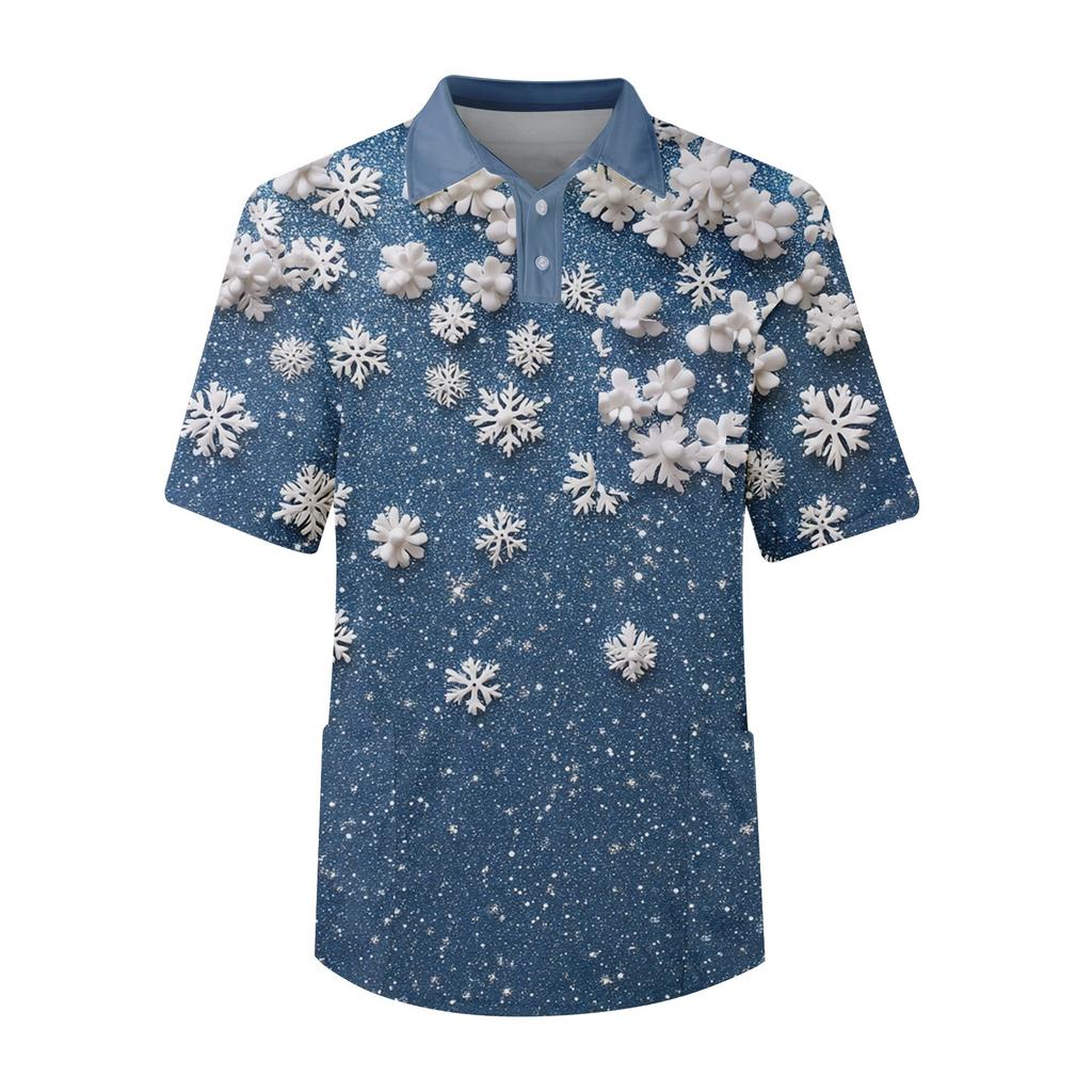 Men's Short Sleeve Button Lapel Christmas Prints Chest Pocket Dry-nurse Top