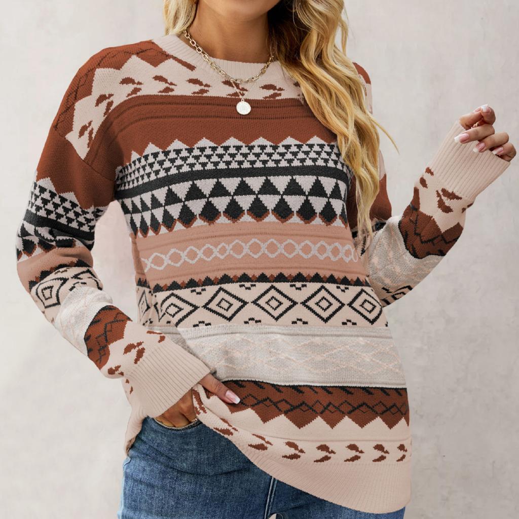 Women's Knitted Retro Round Neck Loose Pullover Sweater
