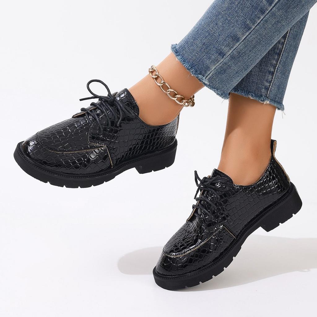 Foreign Trade Large Size Fashion Ankola Red Snake Pattern Leather Shoes Women's Casual Versatile Students Korean Version of the Trend Thick Heel Sma