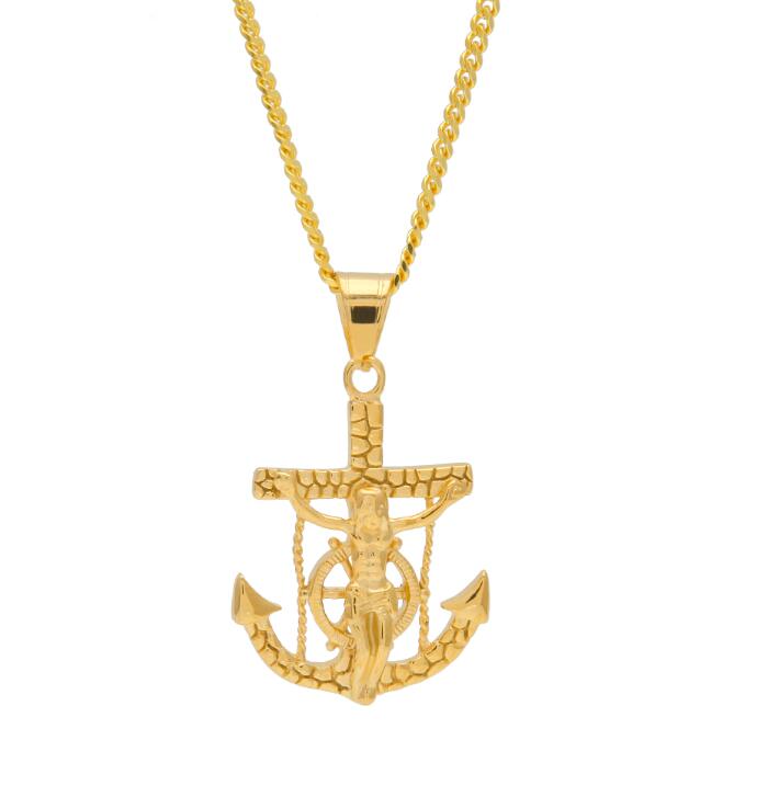 Punk Crucifix Jesus Cross Navy Rudder Anchor Pendant Necklace Classic Chain Men Stainless Steel Jewelry Wholesale золотой