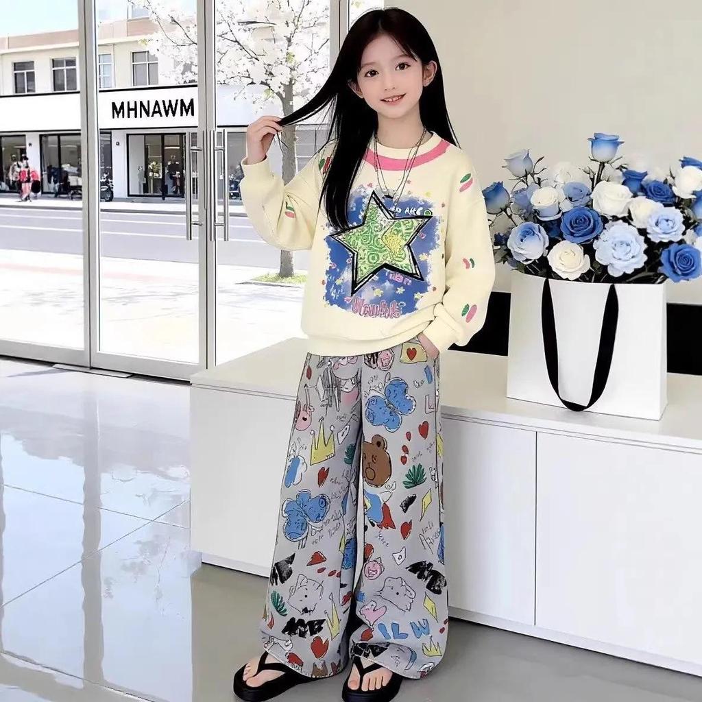 Girls' Casual Hoodie & Wide-Leg Pants Set - Cartoon Print, Versatile Two-Piece for Spring & Autumn