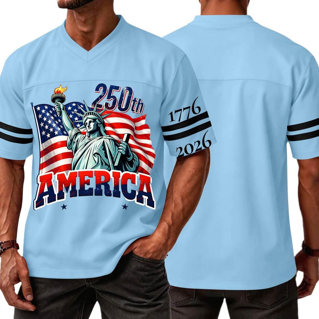 Men's Casual V Neck Jersey 250th America Independence Day Printed Short Sleeve Sports T Shirt Top with Lettering