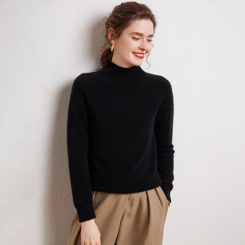 Women's 100% Pure Cashmere Sweater - Autumn/Winter Thick Half-High Collar Knit Base Layer, Loose Slimming Short Style
