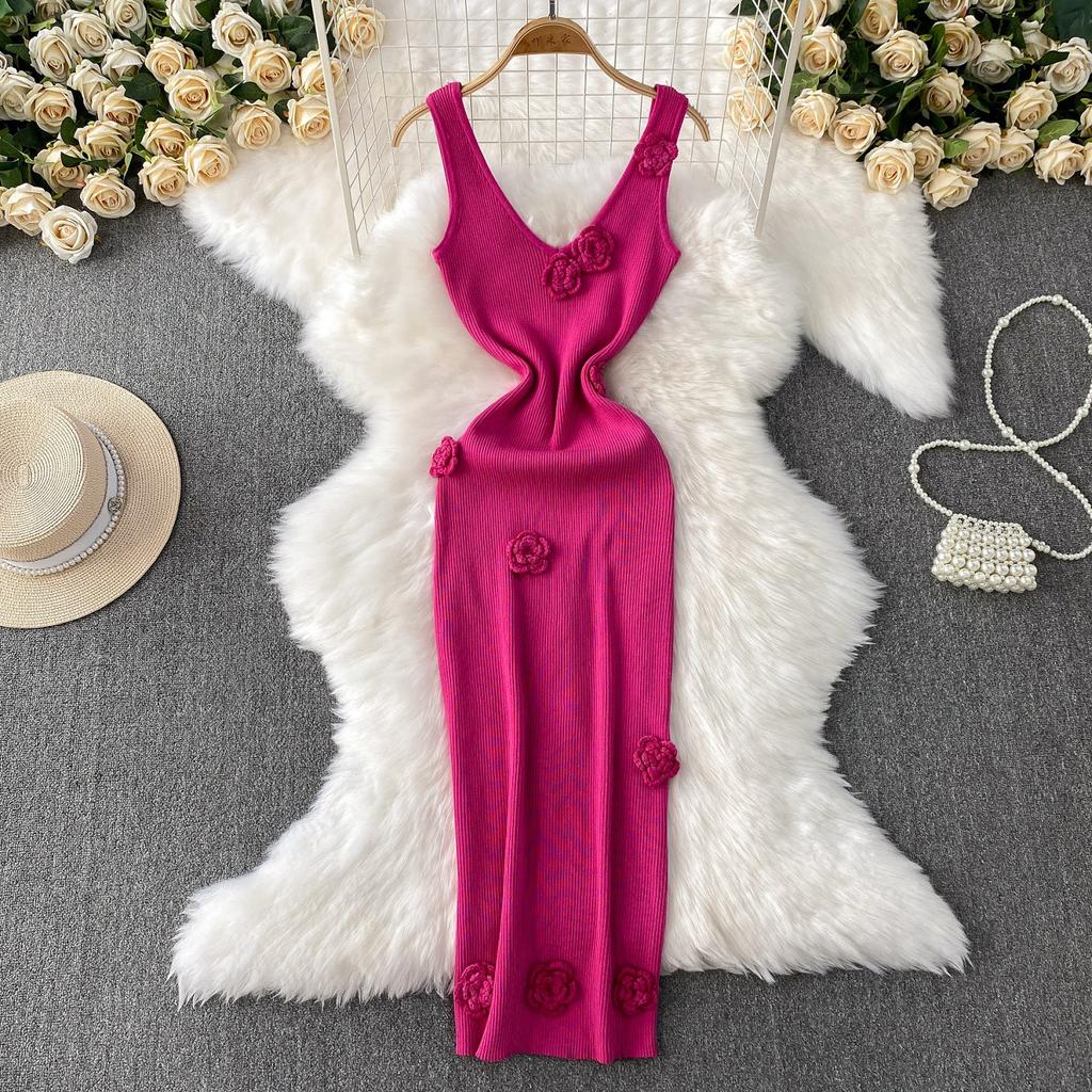 French three-dimensional flower V-neck knitted suspender dress women's summer Muse fan slim and thin hip-wrapped long skirt