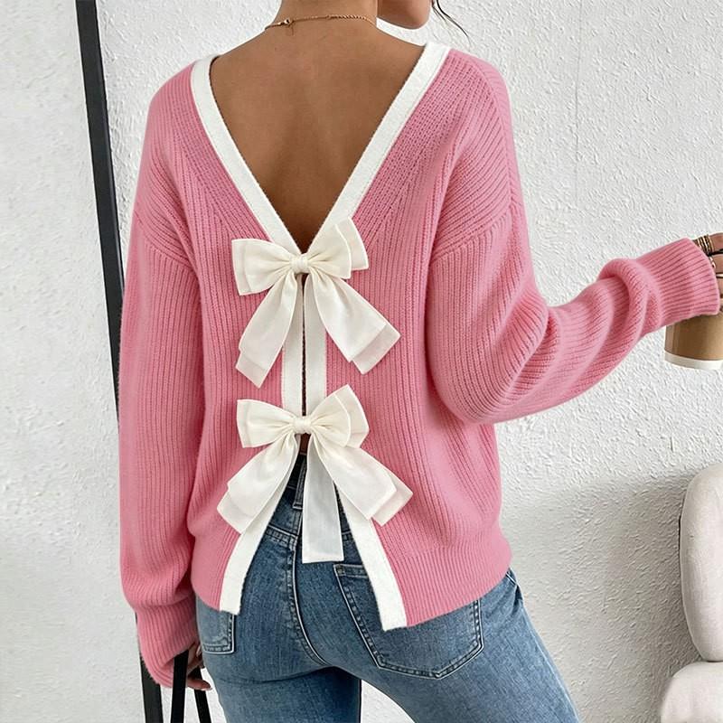 Womens Fall Winter Crewneck Sweater Bow Back Long Sleeve Knit Top Fashion Casual