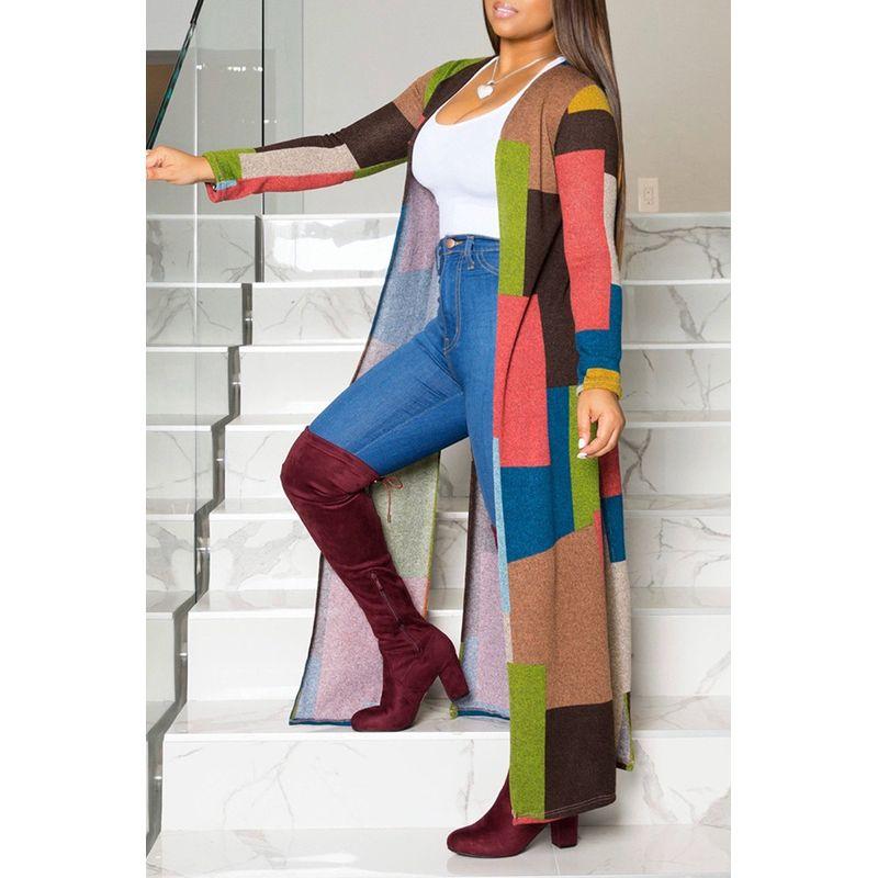 

Long Medium-Length Printed Cardigan Coat Print Cardigan Mid Length Long Length Outwear Multi-Color 4XL