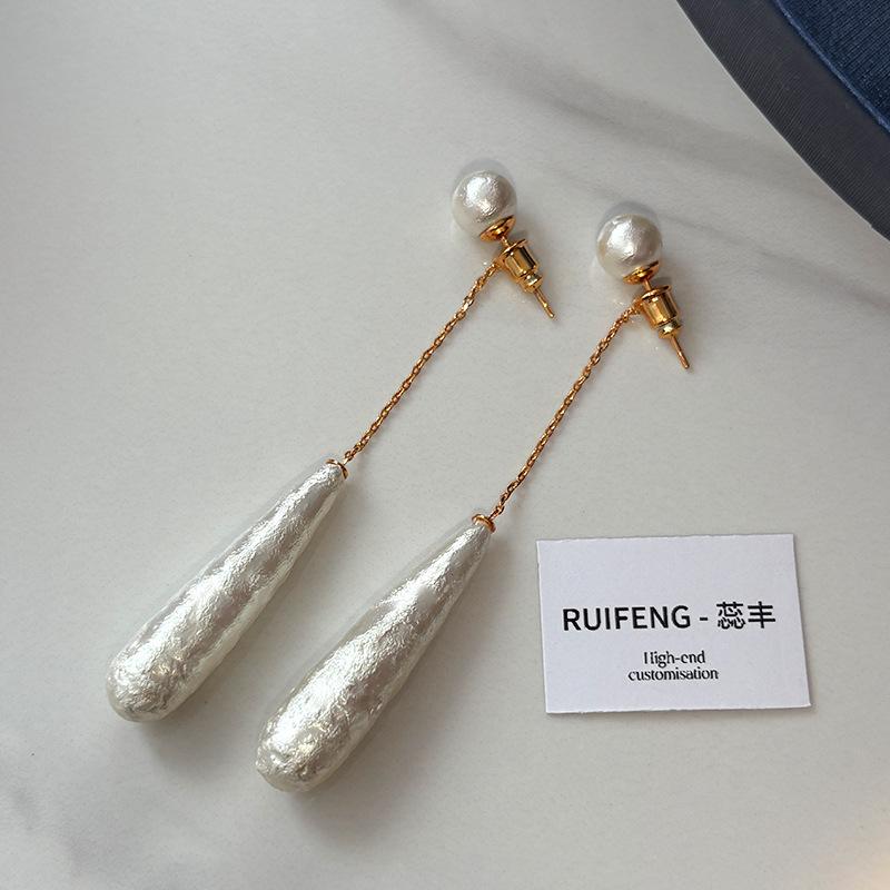 Sterling Silver Needle Textured Water Drop Pearl Earrings Women s Design Stud Earrings Long Fringed Ears